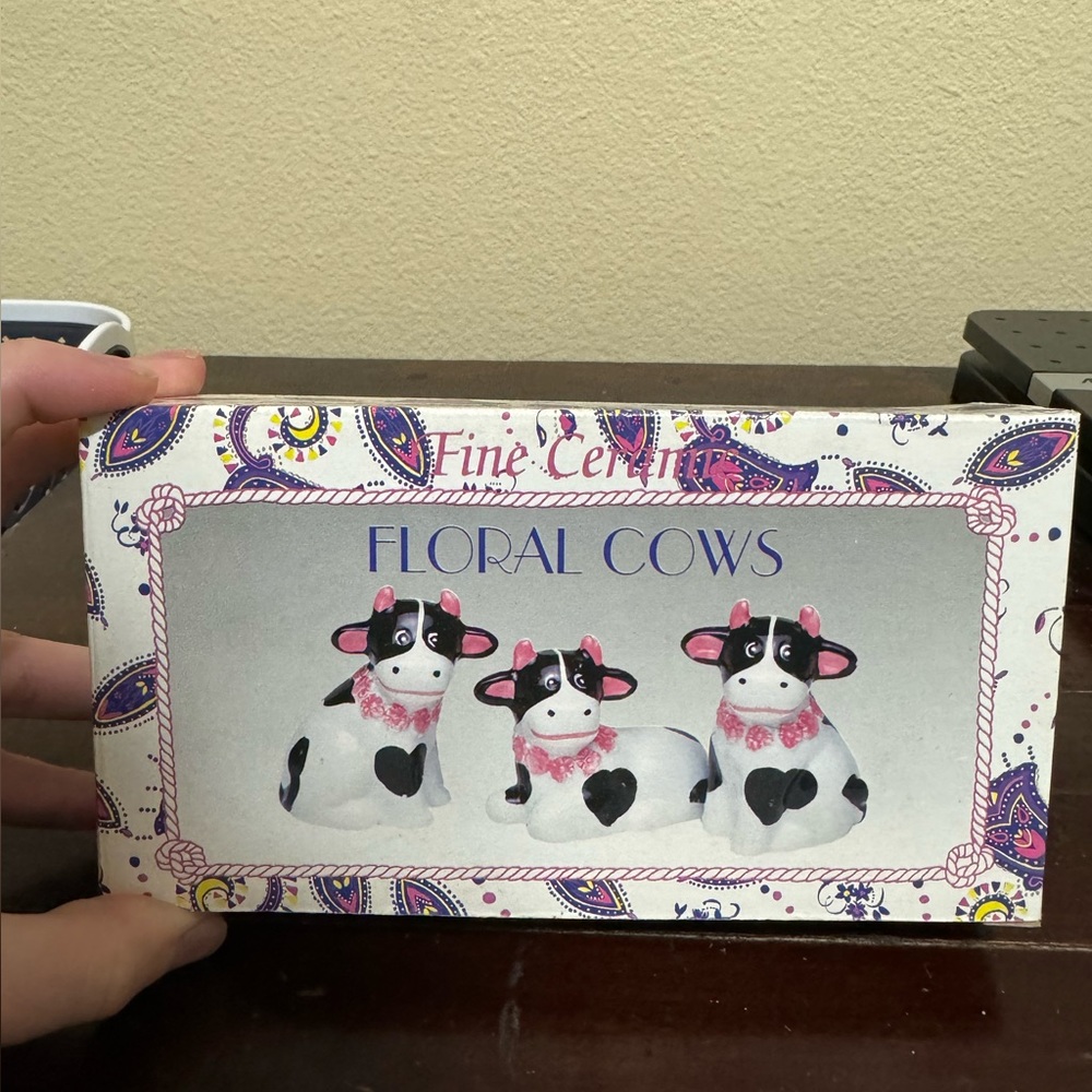 Ceramic Cow Figurine Trio Set of 3 in Box